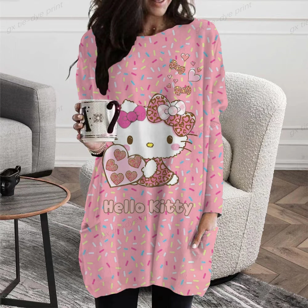 

Женская футболка с принтом Hello Kitty, Новые Топы на весну и осень 2023, Повседневная Свободная футболка с круглым вырезом и мультяшным принтом, же...