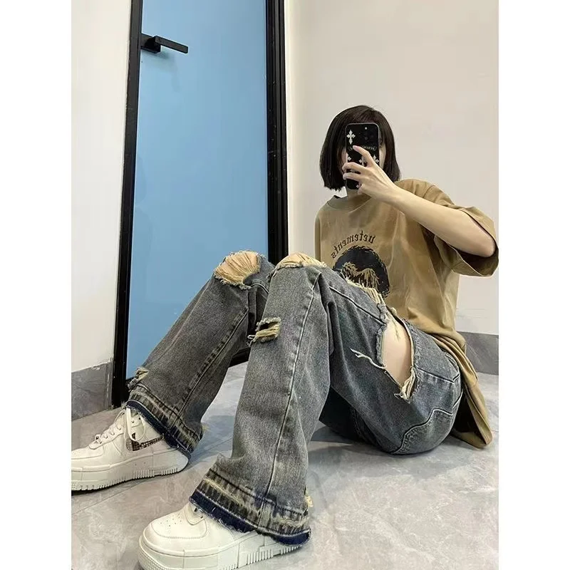 American High Street Tide Ins National Tide Loose Wide Leg pants Harajuku  Ripped High Street Baggy Jeans Female