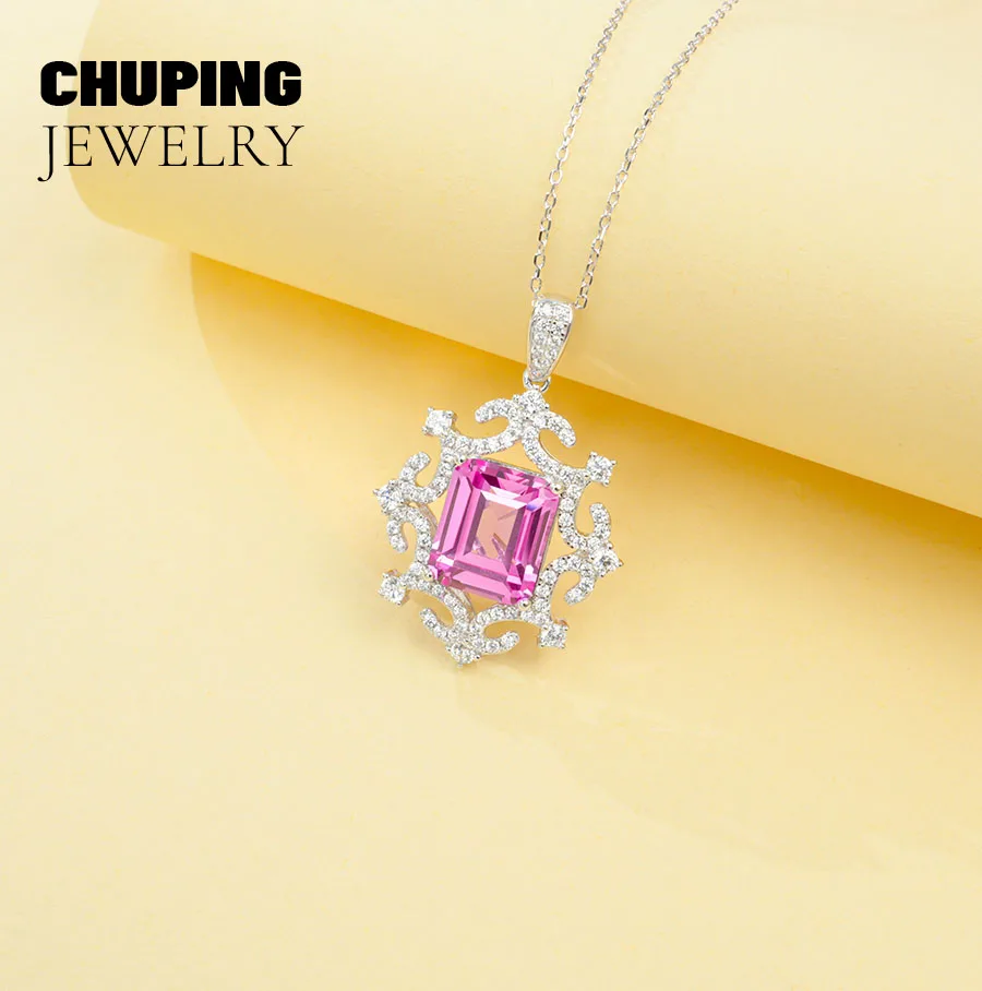 Фото Chu Ping Fine Jewelry Lab Рубин Розовый Сапфир Изумруд Восьмиугольная огранка 8*10 мм S925 Серебряный кулон Ожерелье Выделите Элегантность №4