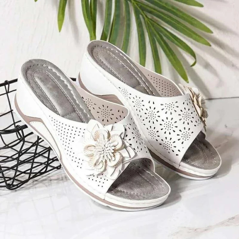 Suede Zapatos Mujer Soft Footbed Orthopedic Arch-Support Sandals Women Flower Hollow Summer Beach Shoes босоножки женские Heels