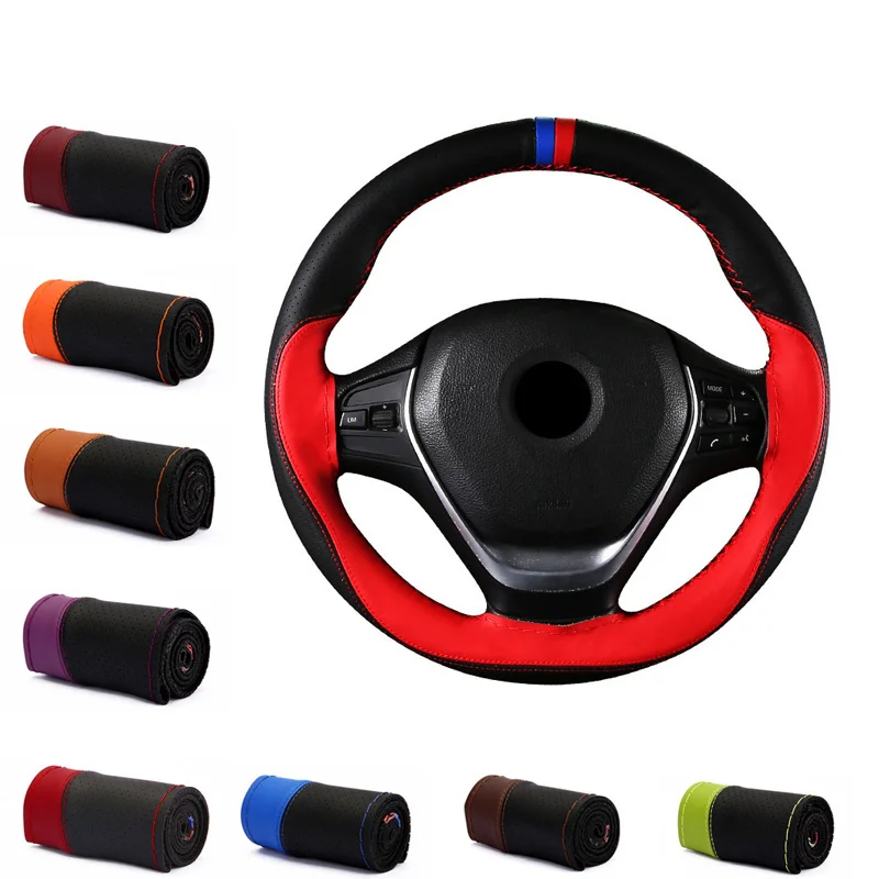 

Microfiber leather color matching sports steering wheel cover soft leather braided needle and threaded interior accessories