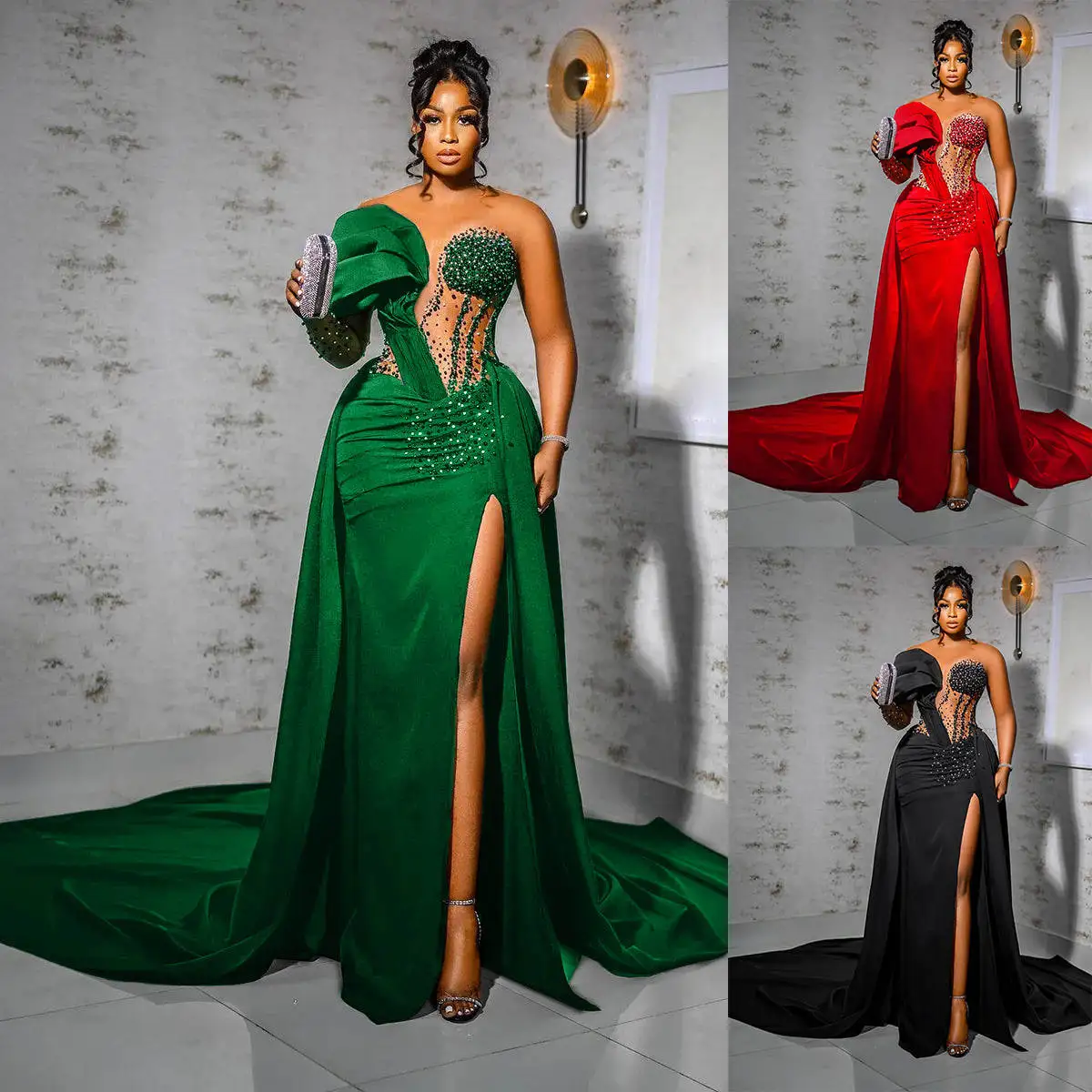 Платье женское вечернее с юбкой-годе длинным рукавом и прозрачным вырезом