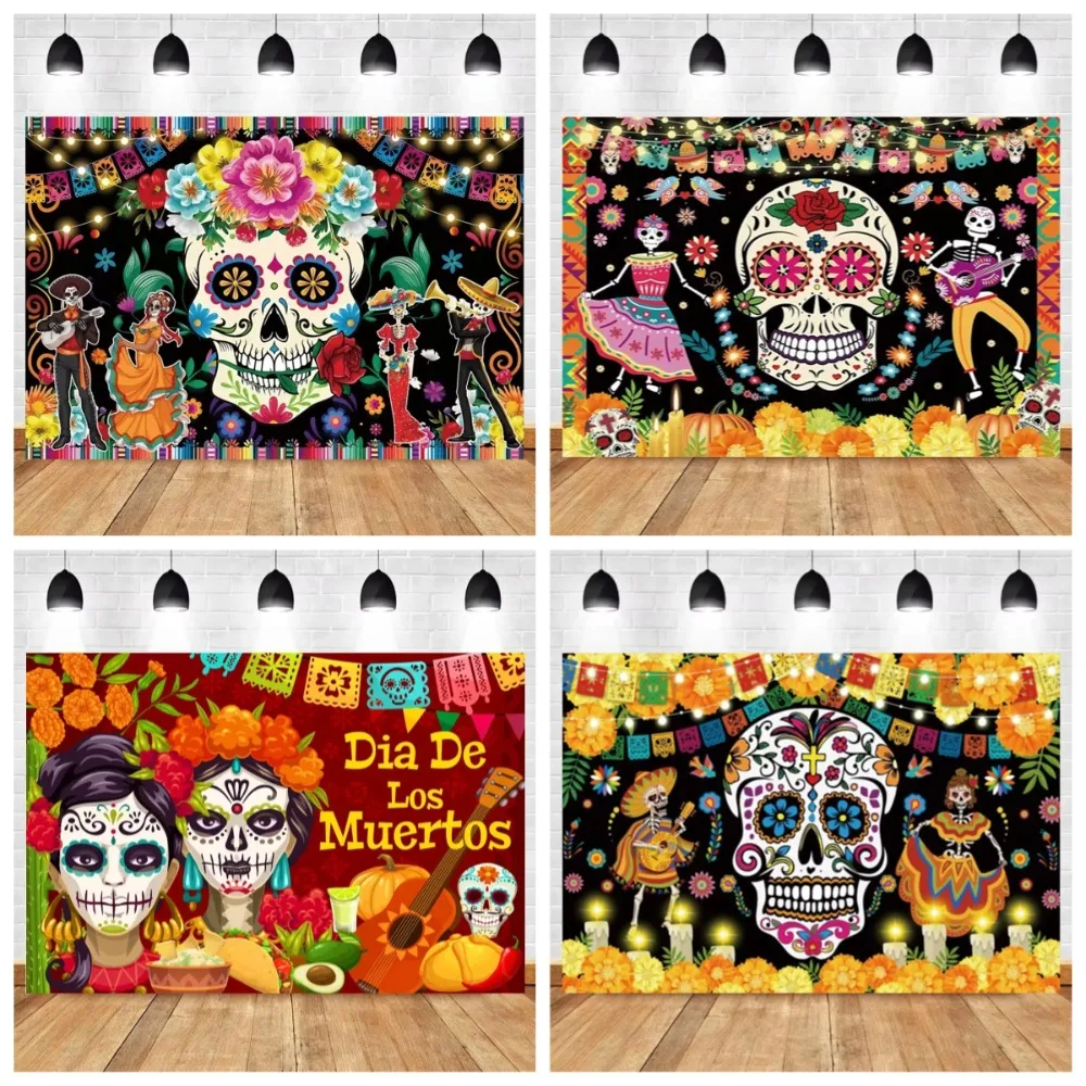 Фото Фон для вечеринки в честь Дня мертвых, мексиканский фон Dia DE Los Muertos, фиеста, сахарный череп, алтарь, реквизит для фотосъемки №1