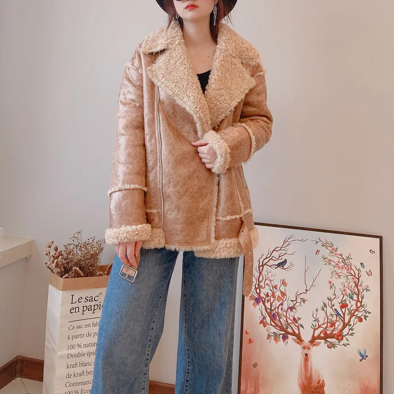 2022 New Full Wool Grain Sheep Shearling Coat Women's Fur Coat Mid-length Warm Jacket