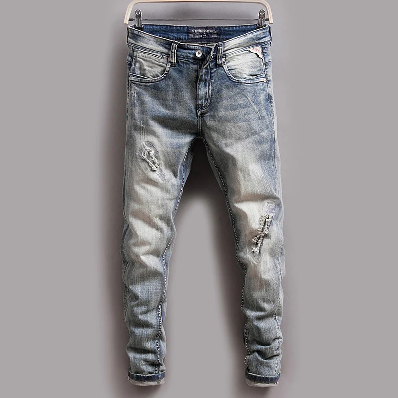 Italian Fashion Men Jeans High Quality Retro Gray Blue Elastic Slim Fit Ripped Jeans Men Patched Vintage Designer Pants Hombre