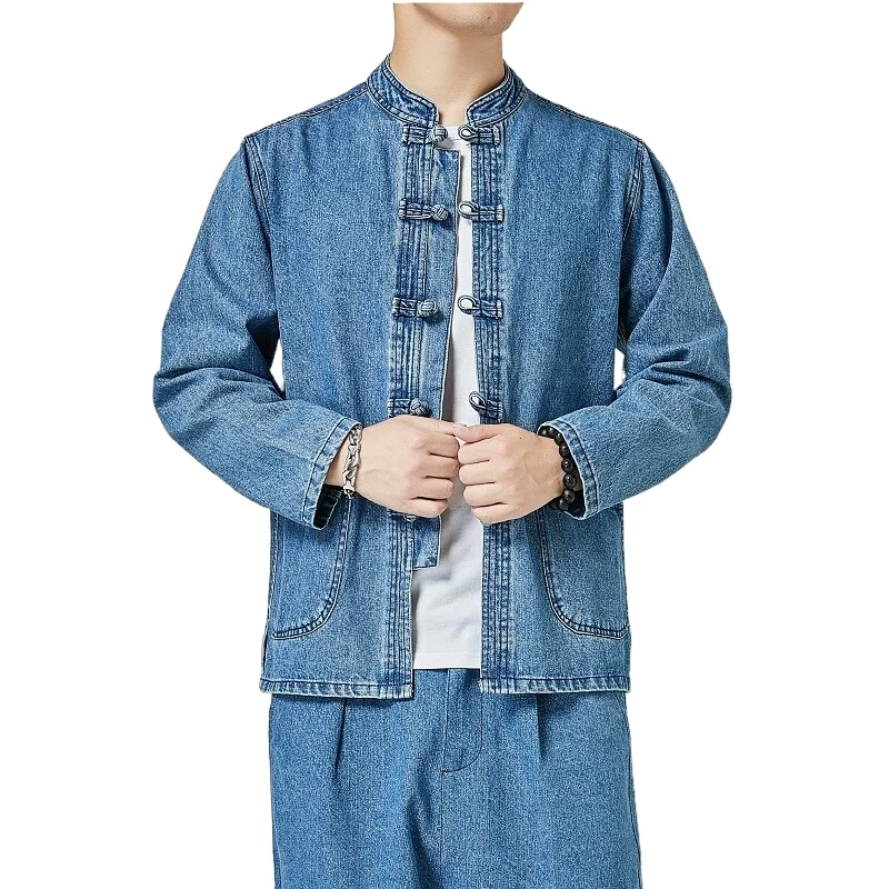 

Autumn Male Chinese Style Tang Suit Washed Denim Top Stand Collar Jacket Denim Jacket Men Casual Cotton Jacket Men's cowboy coat