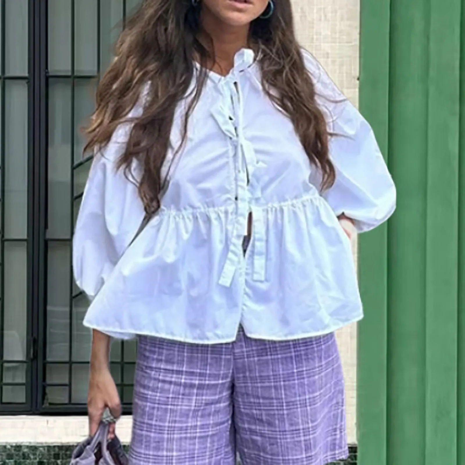 Женские рубашки с пышными короткими рукавами баской блузка завязкой спереди и