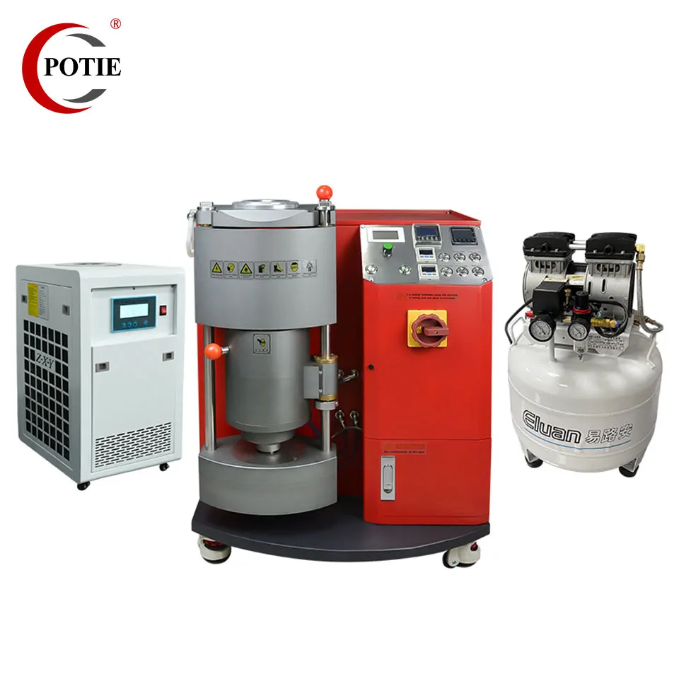 POTIE Semi-automatic Mini Vacuum Casting Machine for Smelting Gold Silver Copper Alloys with Water Chiller and Air Compressor