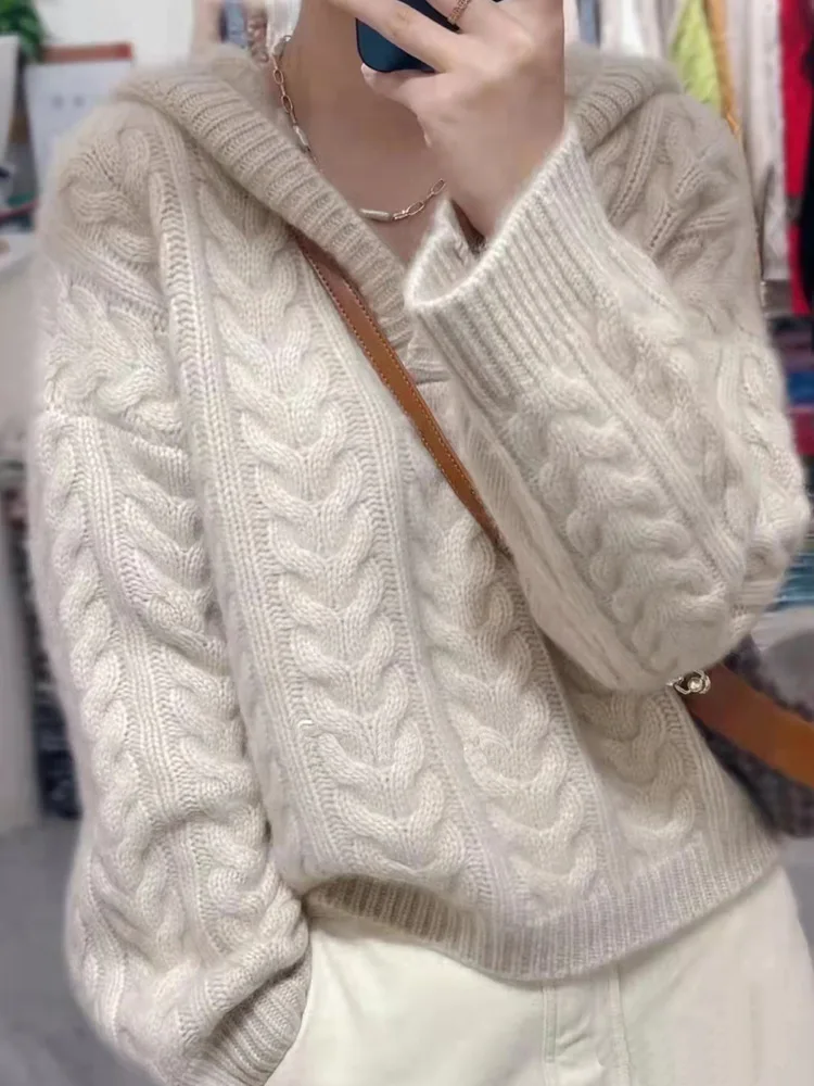 

Autumn2023Lazy Style knitwears Long Sleeve Tops Knitting Hooded Pullover Wool Winter Clothes Women Thickened Knit Hoodie Sweater