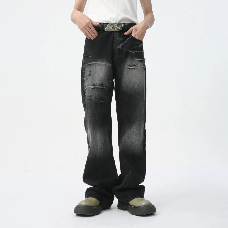 Мужские джинсы на молнии свободные прямые с эффектом потертости в американском
