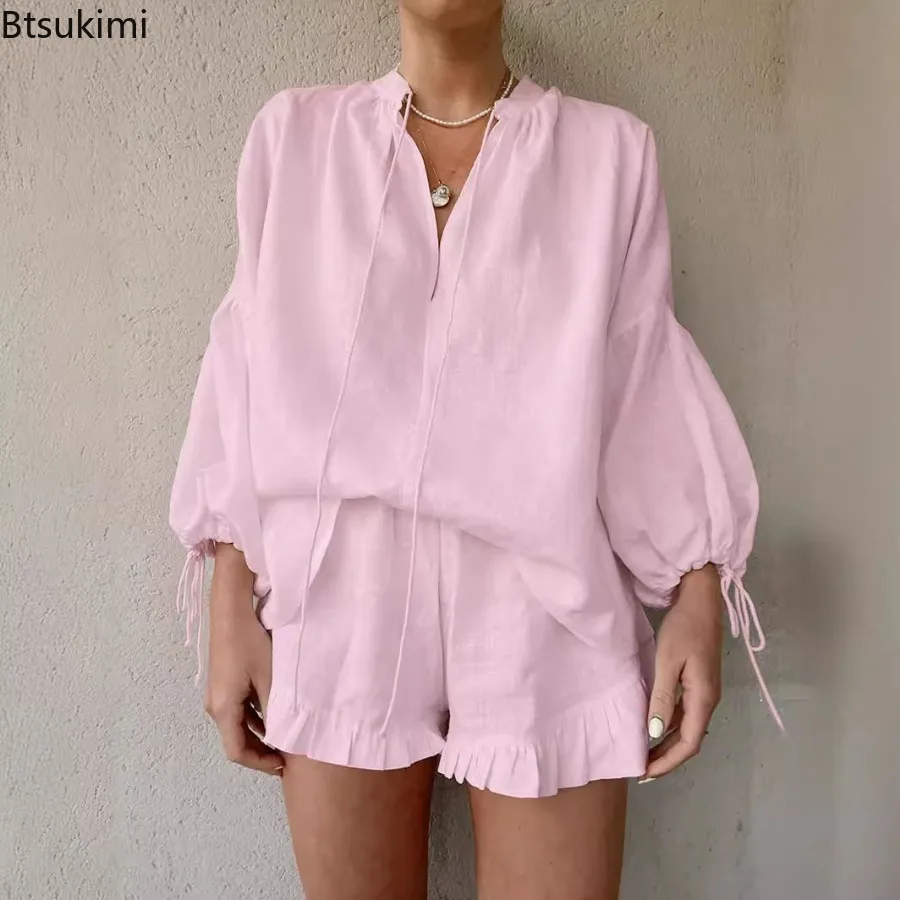 2025 женские летние комплекты шорт однотонные хлопковые льняные топы с