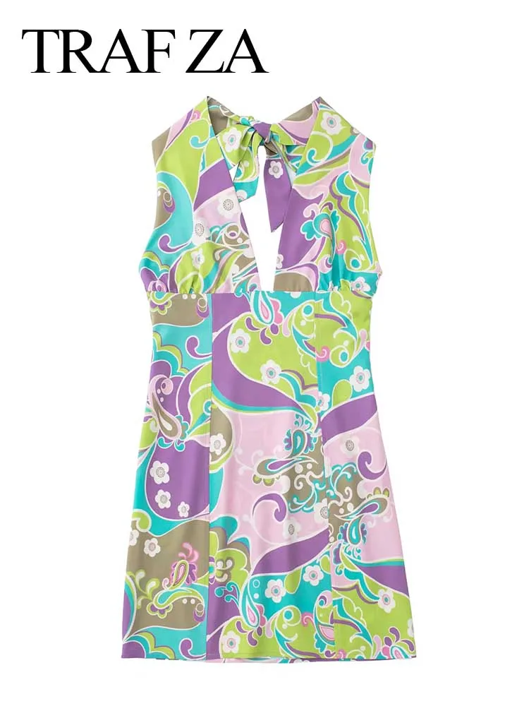 

TRAF ZA Print Mini Halterneck Lace Up Bow Dress Sleeveless Backless Slim Sexy Dress Party Fashion Everyday Streetwear Summer