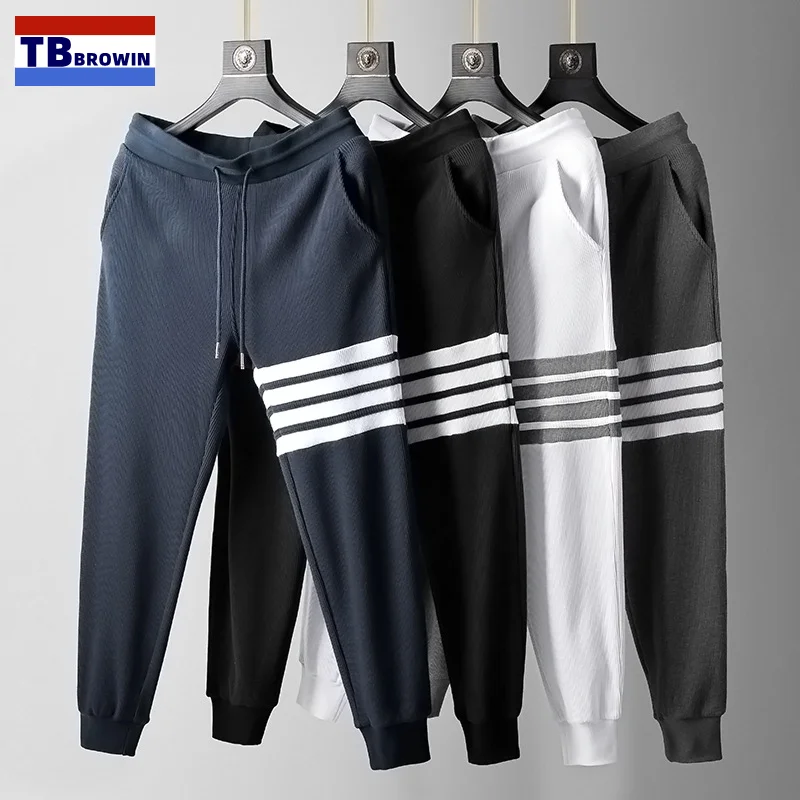 

TB BROWIN Thom Waffle Pants Spring Summer Fashion Drawstring Placket Four Bar Stripes Sport Casual Cotton Pant for Men’s Clothes
