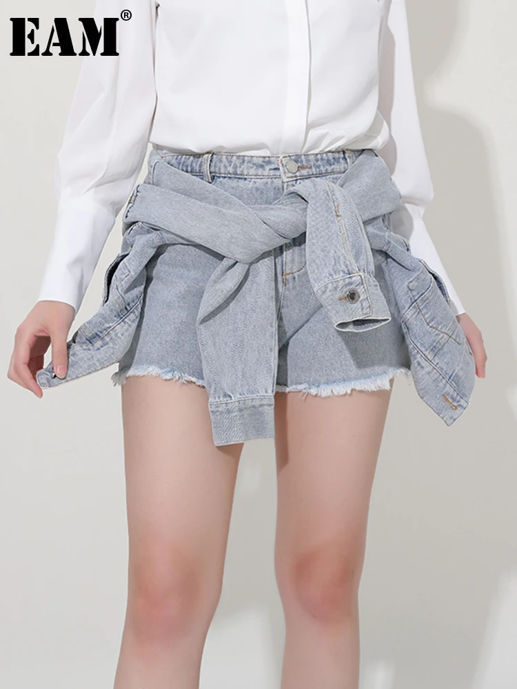 

[EAM] женские синие джинсовые Асимметричные бандажные широкие шорты, новые свободные брюки с высокой талией, модные весенне-летние 2022 7E7052