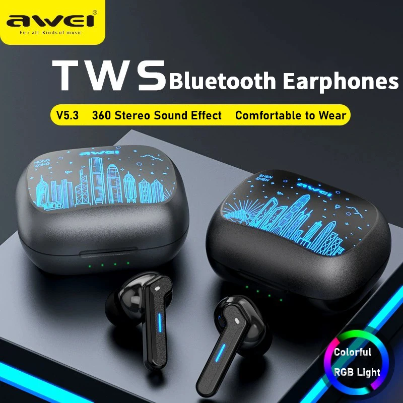 

Awei T53 TWS Bluetooth Earbuds Gaming Wireless Headphones Call Noise Reduction Earphones with RGB Light Headset Gamer