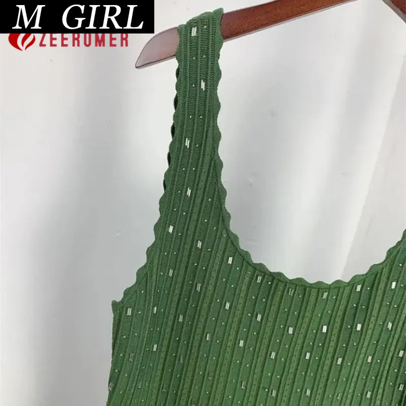 Summer New High Quality Broken Diamond Flared Green Knitted Casual Dress Women Waist Slim Sleeveless Elegant knitted dress