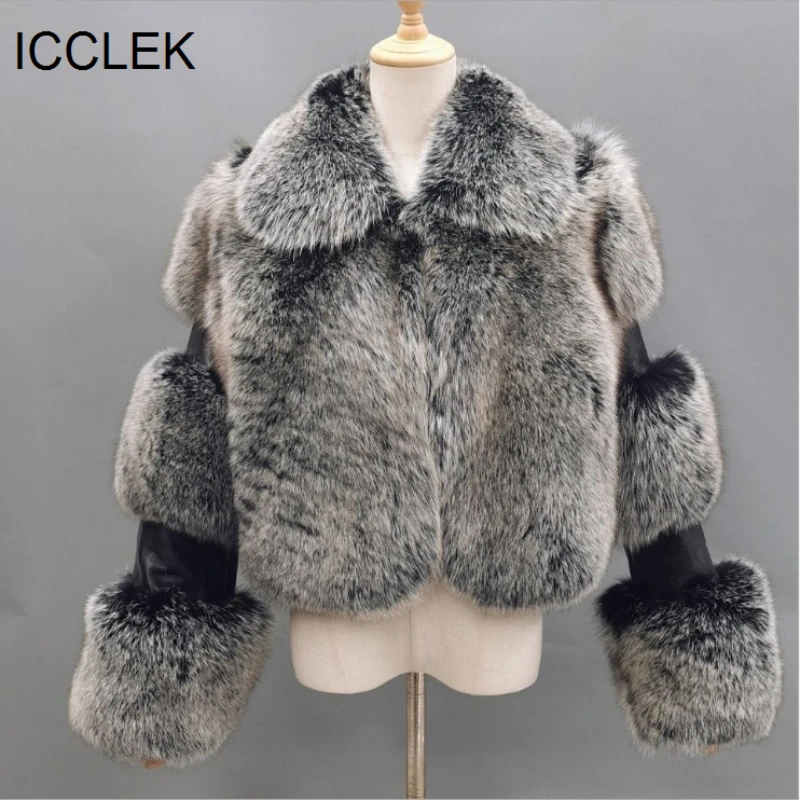 ICCLEK 2021 fur coat women's wear imitation fur women's coat splicing Lapel artificial fur