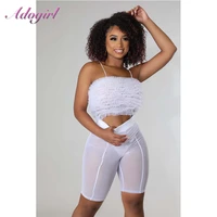 sexy puffy cascading ruffles mesh two piece set women summer spaghetti straps crop top bike shorts sets outfit party club suit