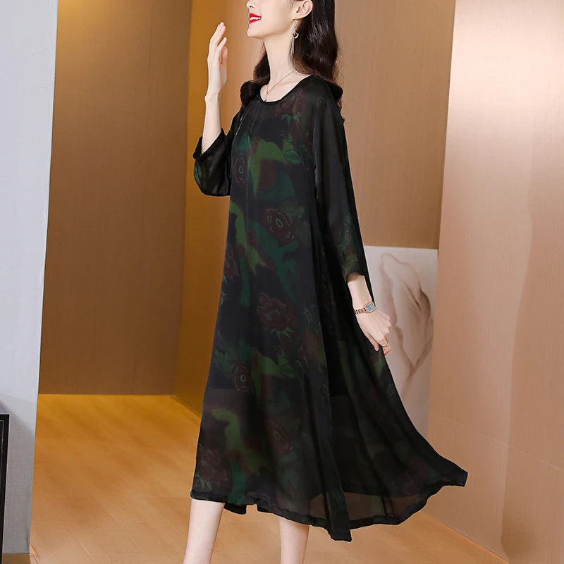 

2022 Vintage Print Black Silk Satin High Quality Dress Summer Casual 4XL Plus Size Midi Dresses Elegant Women Bodycon Vestidos