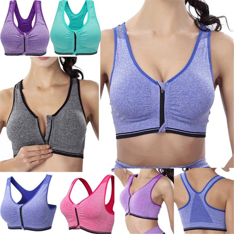 

Women Zip Sports Bra Wire Free Zip Anti-sweat Quick Dry Breathable Yoga Bra Tank Top Sportswear Push Up Fitness Running Gym Bra