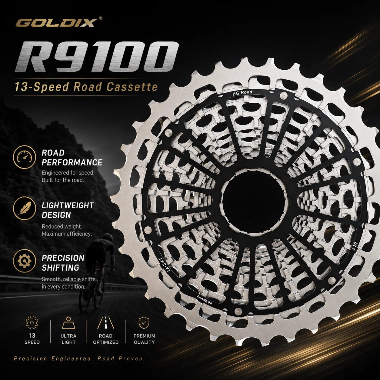 Фото Кассета GOLDIX R9100 13 скоростей для шоссейного велосипеда, 13S 11-34T, сверхлегкая, полностью фрезерованная на ЧПУ, 210 г, цельная стальная звездочка, для втулки HG №5