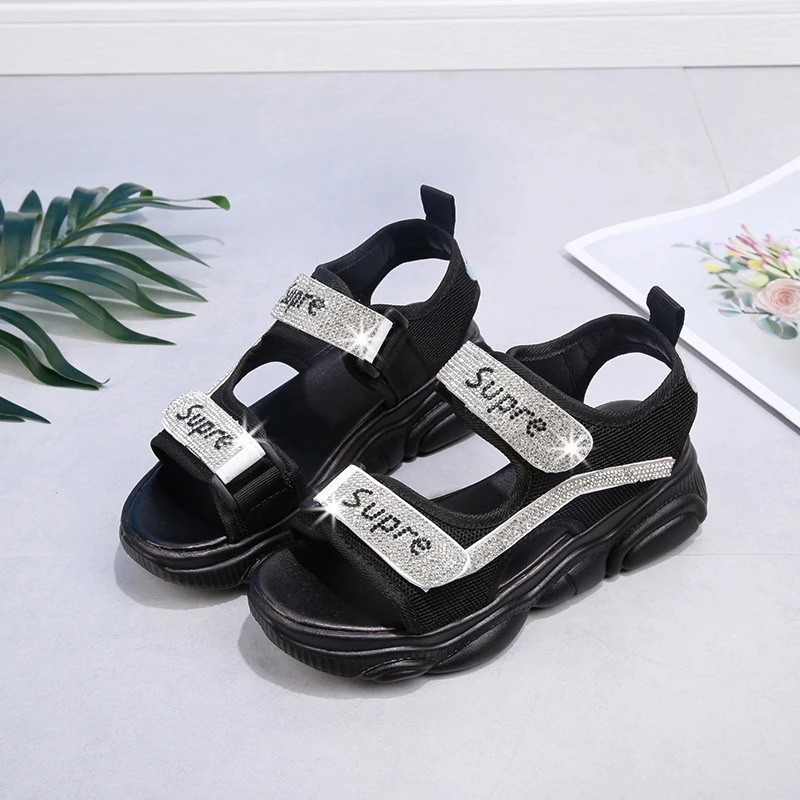 

2022 Summer Thick Women's Sole Sandals Women Open Toe Flats with Diamonds Shiny Fashion Sandals Women's Open Toe Flats Sandalen