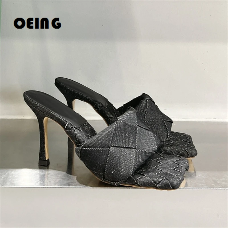 

Women Woven Denim Mules Square Open Toe 9cm Stiletto Heels Slippers Female Slip On Fashion High Heel Slides Fashion Party Shoes