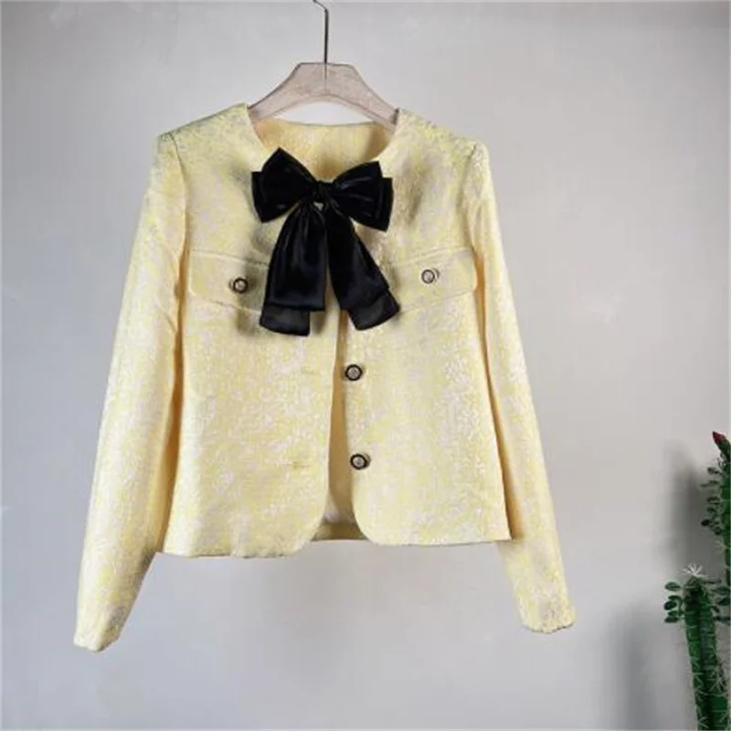 Thin short coat women's jackets bow jacquard single-breasted long-sleeved spring summer yellow white fashion clothes