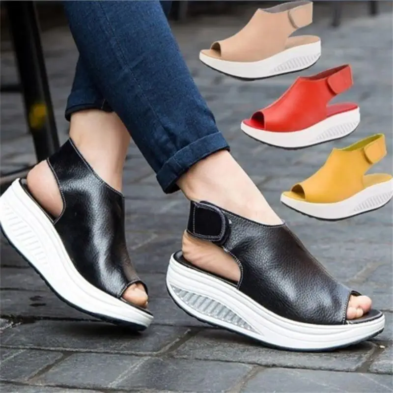 

Summer Women Sandals Platform Wedges Sandals Leather Swing Peep Toe Casual Shoes Women Walk Shoes Plus Size 35-43 Flats