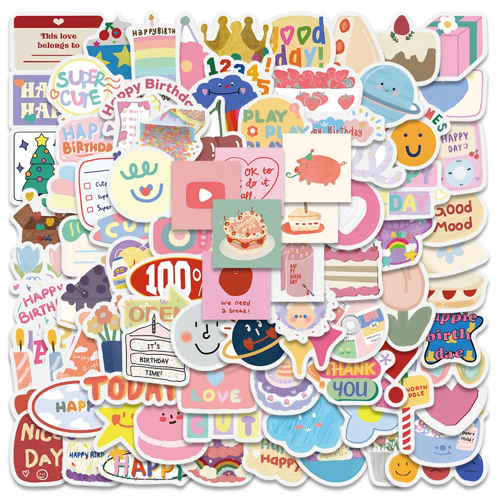 

10/90pcs Cute Cartoon Happy Birthday Stickers For Laptop Phone Cup Guitar Waterproof Graffiti Bicycle Car Decals Kids Toy