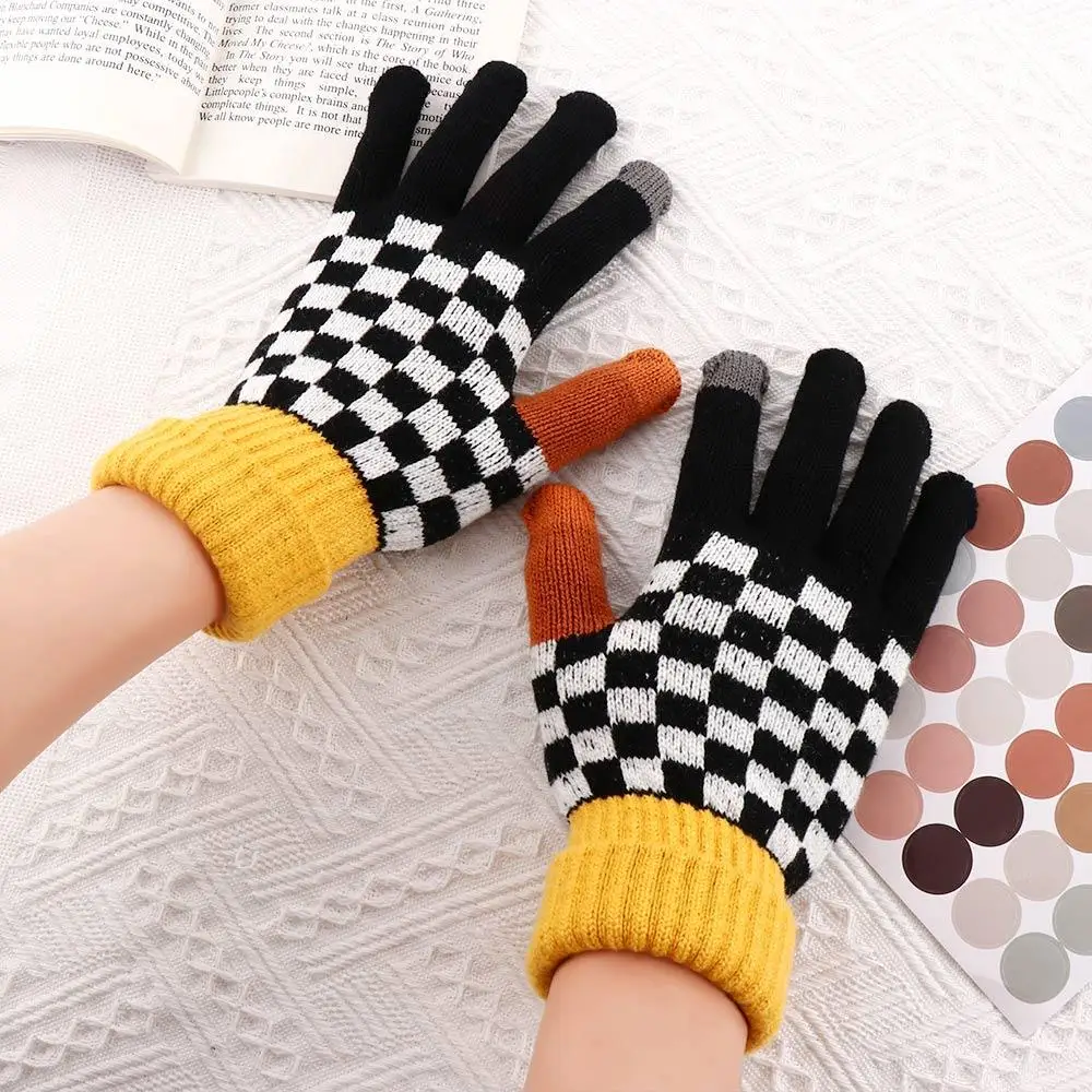 

Зимние и осенние шахматные вязаные женские перчатки для вождения для взрослых студентов варежки в Корейском стиле перчатки с пальцами