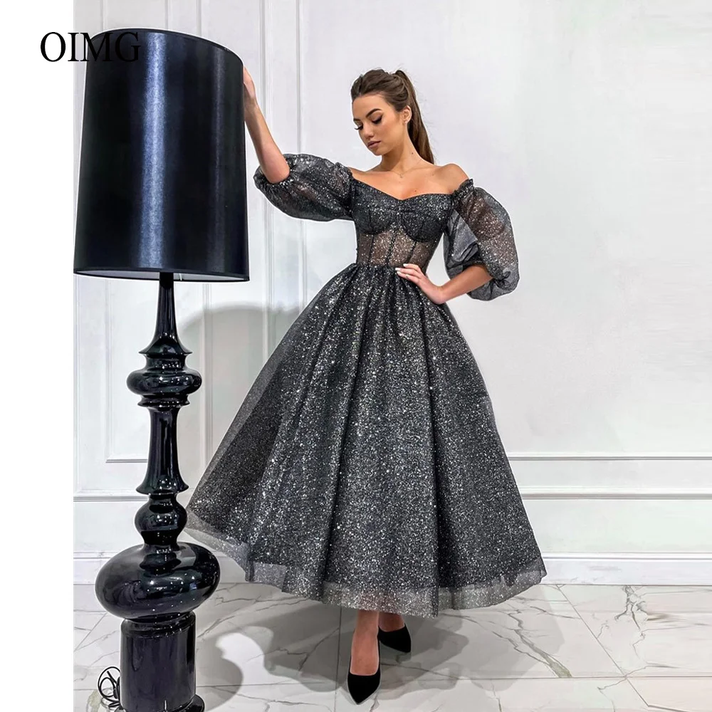 

OIMG Glitter Grey Tulle Puff Long Sleeves Prom Dresses Ankle Length Off Shoulder Shimmer Evening Gowns Graduation Party Dress