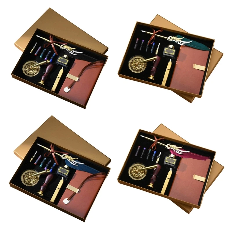 Набор винтажных штампов и перьевых ручек с мешочками чернилами в бутылке