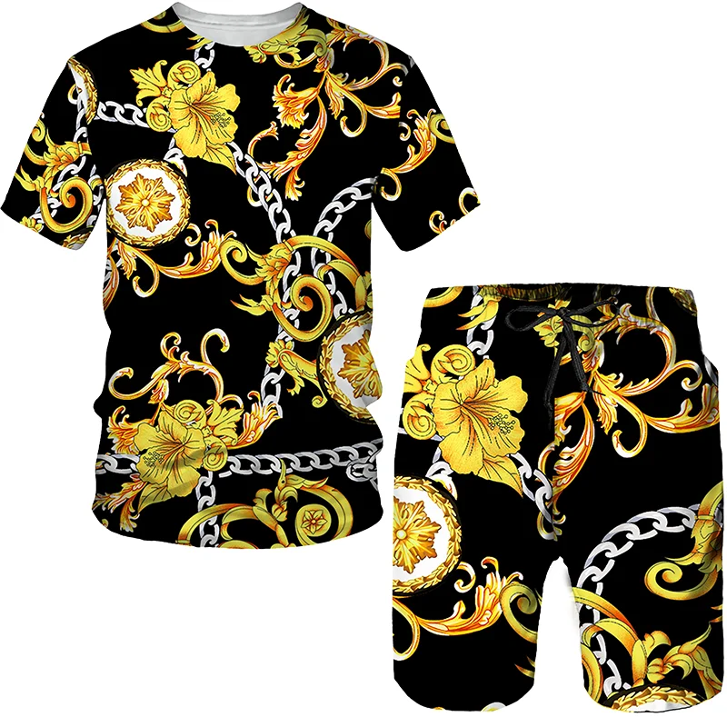 Summer Men's Tracksuit Luxury Pattern T-Shirt Shorts Set Casual Outfits Male Vintage Suit Fashion Two Pieces Clothing Streetwear