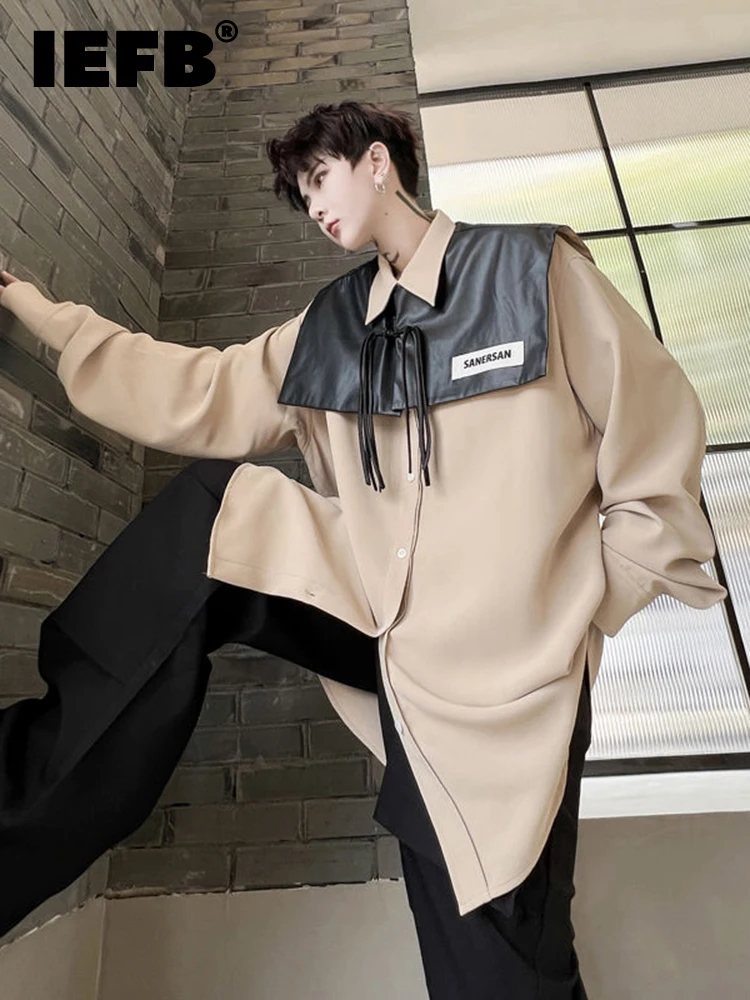 

IEFB 2022 Autumn Fake Two Piece Contrast Leather Waistcoat Men's Loose Long Sleeve Shirt Korean Fashion Male Tops Casual 9A4787