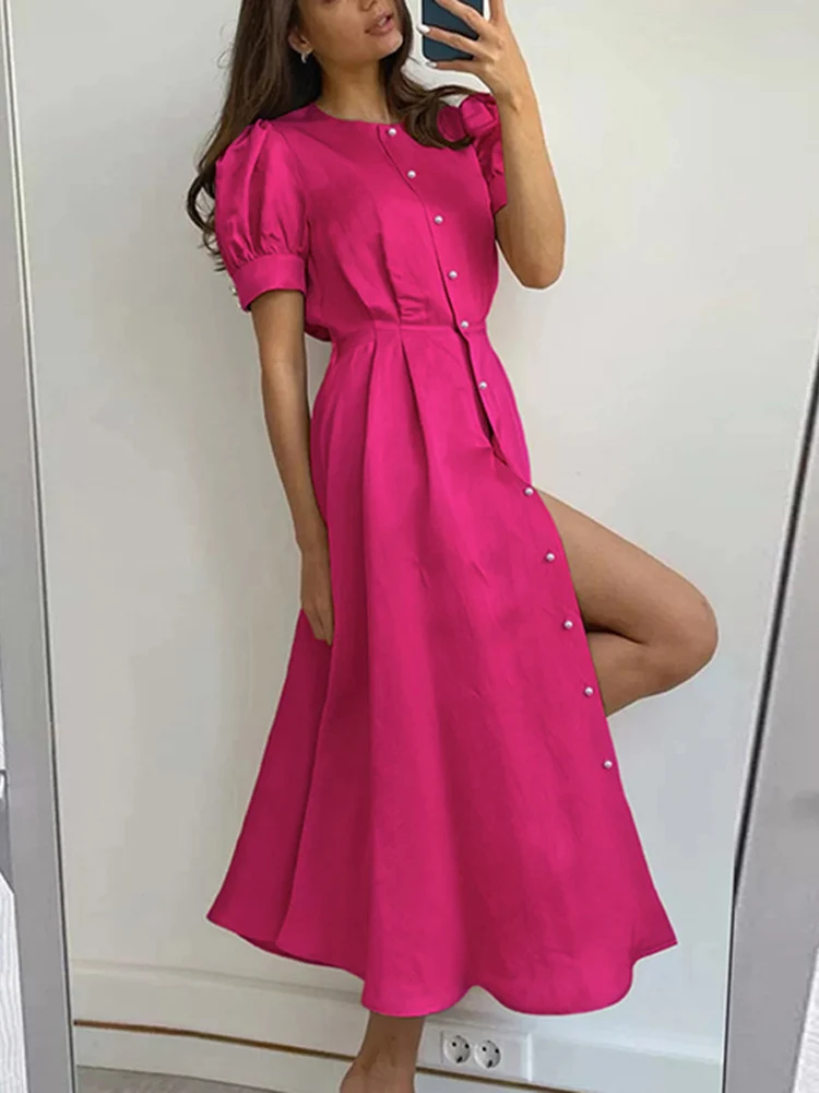 

Женское ТРАПЕЦИЕВИДНОЕ ПЛАТЬЕ средней длины, Элегантное однобортное офисное платье с разрезом, жемчужинами и коротким рукавом-фонариком, тонкое платье с драпировкой качели