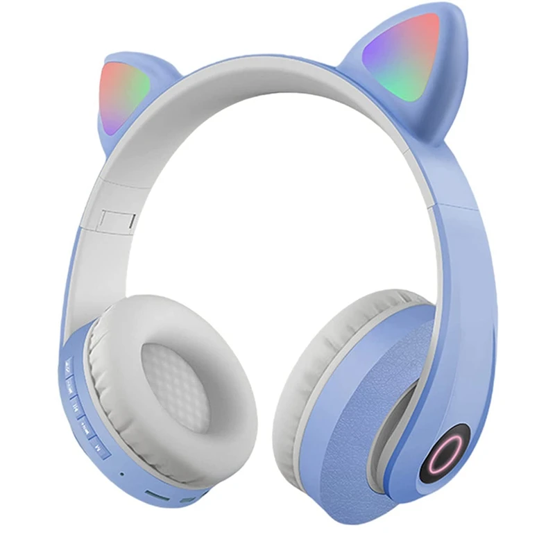 

Bluetooth Headphones Cat Ear Led Light Up Wireless Foldable Headphones over Ear Control for Computer - Blue