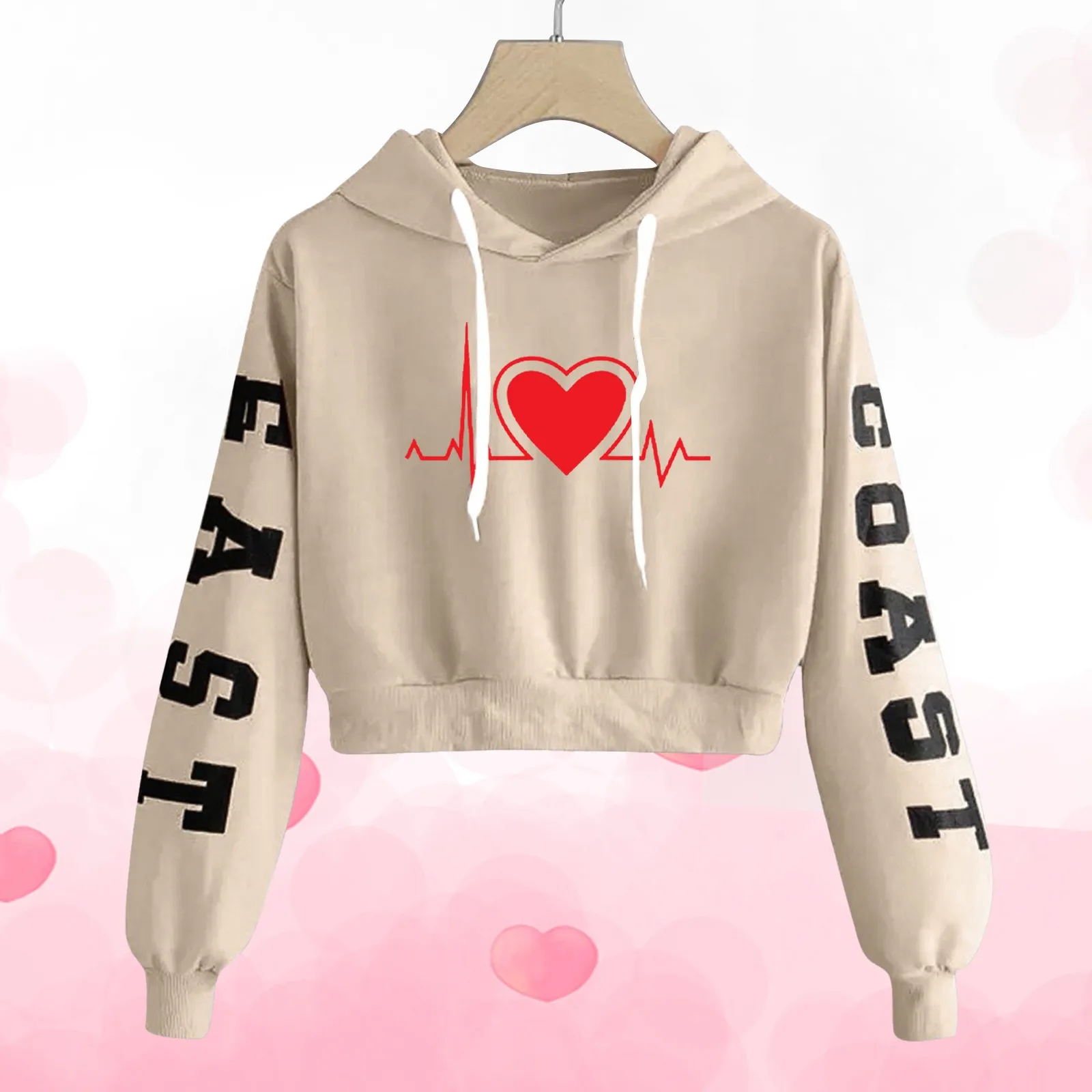 

Женская Короткая Повседневная Толстовка с капюшоном и надписью на День святого Валентина с мультяшным принтом Love и длинными рукавами, пуло...