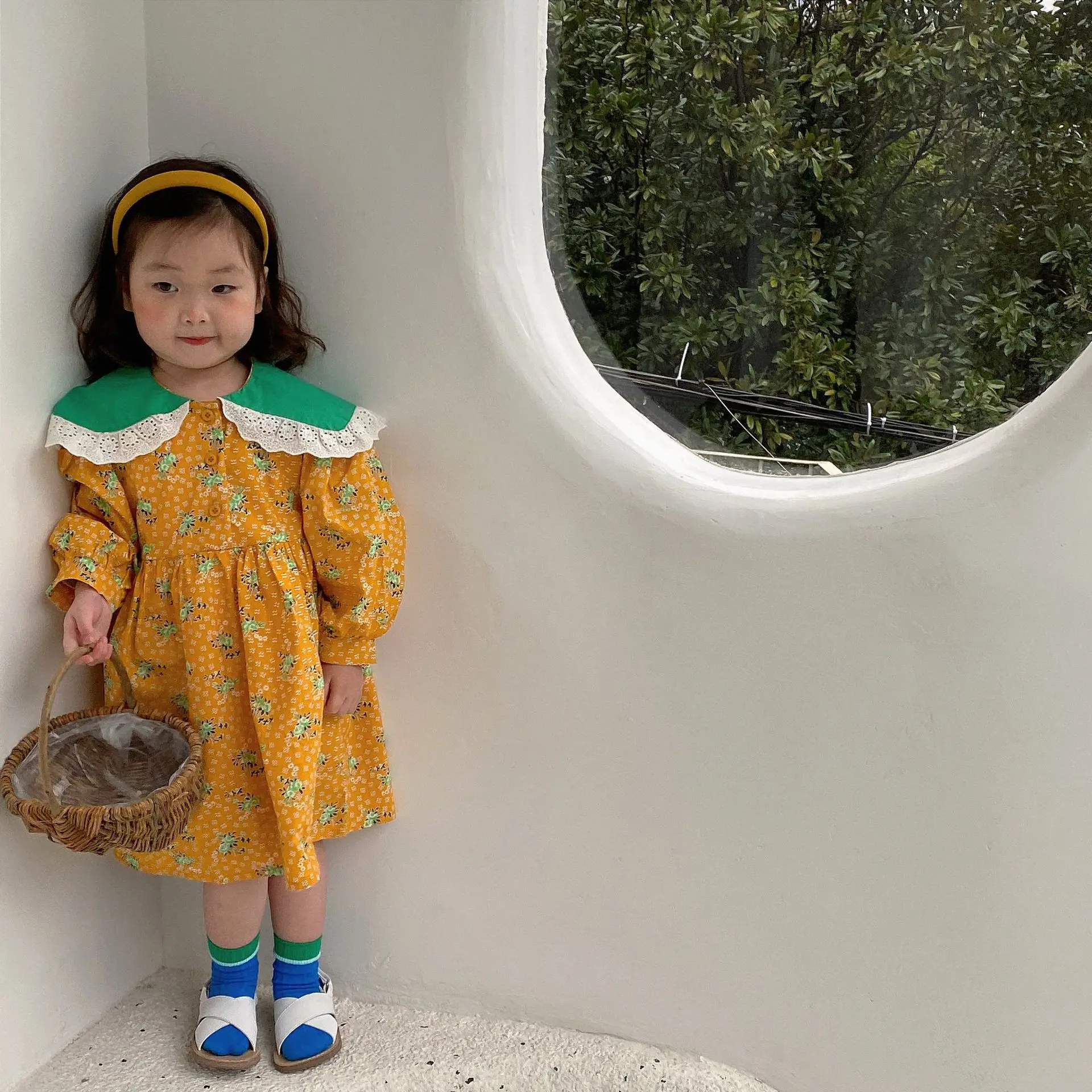 

4688C Girl Dress 2023 Spring New Korean Lace Turn Down Collar Girl's Dress Cute Contrast Color Floral Dress Princess Dress