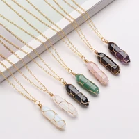 gift for women men blue sand rose quartz natural stone hexagonal cylindrical crystal necklace wire wrap stone pendant