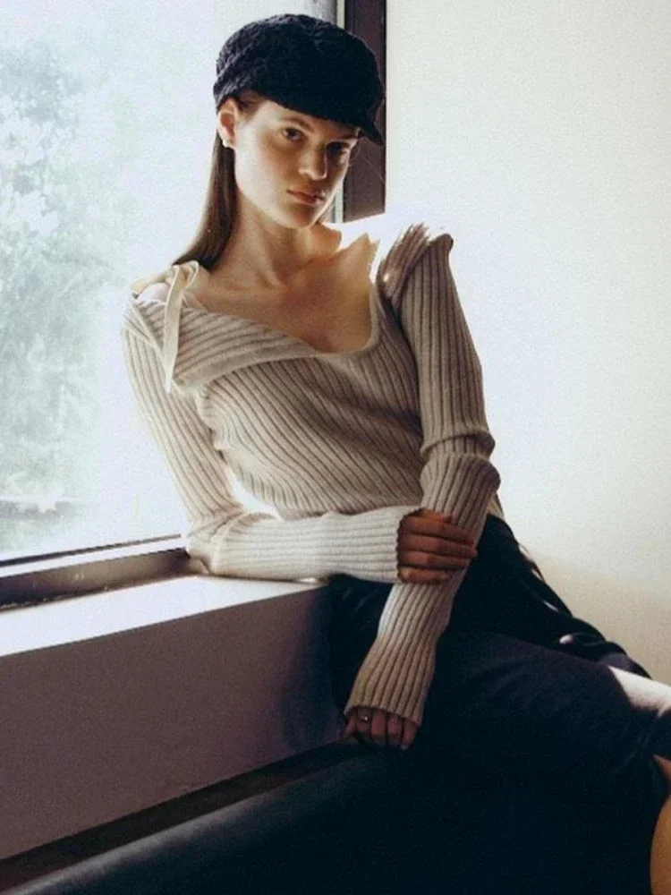 QWEEK Y2K вязаные пуловеры с открытыми плечами женский Американский винтажный