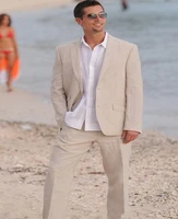 causal beige beach wedding tuxedos linen groom formal wear 2 pieces man suit summer bohemian prom party blazer