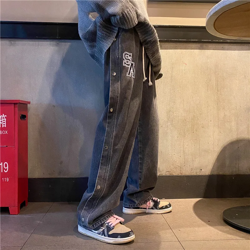 Brand Men's Side Row Solid Color Embroidery Jeans Straight-leg Pants Loose Wide-leg Jeans Trendy Street Men's джинсы для мужчин