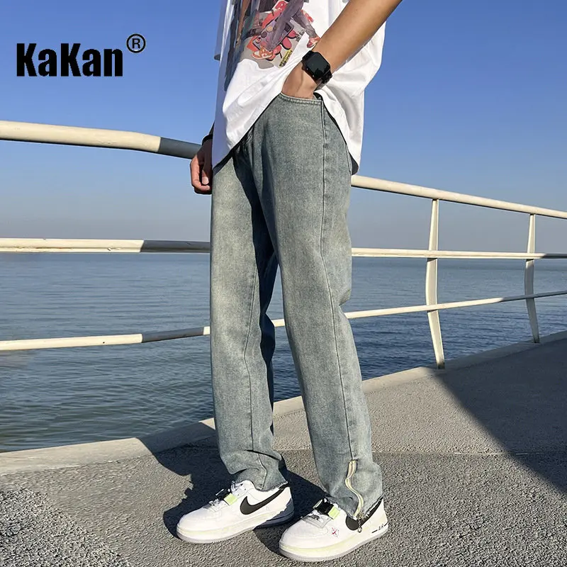 Kakan - European and American New Men's High Street Pant Hem Zipper Jeans, Loose Hip Hop Wide Leg Casual Long Jeans K24-KJ515