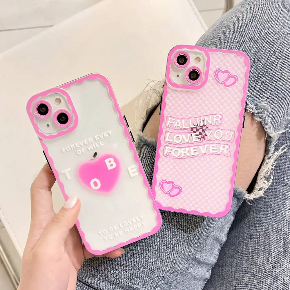 Cute Pink Love Heart Transparent Phone Case For iPhone 13 12 11 Pro Max XR XS X 7 8 Plus SE 2020 Fashion Soft Shockproof Cover