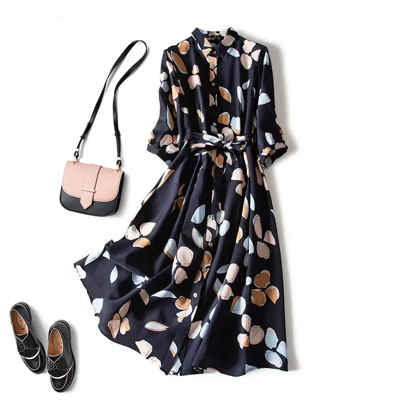 

Chiffon print dress women retro waist three-quarter sleeve shirt dress loose piece bohemian dress