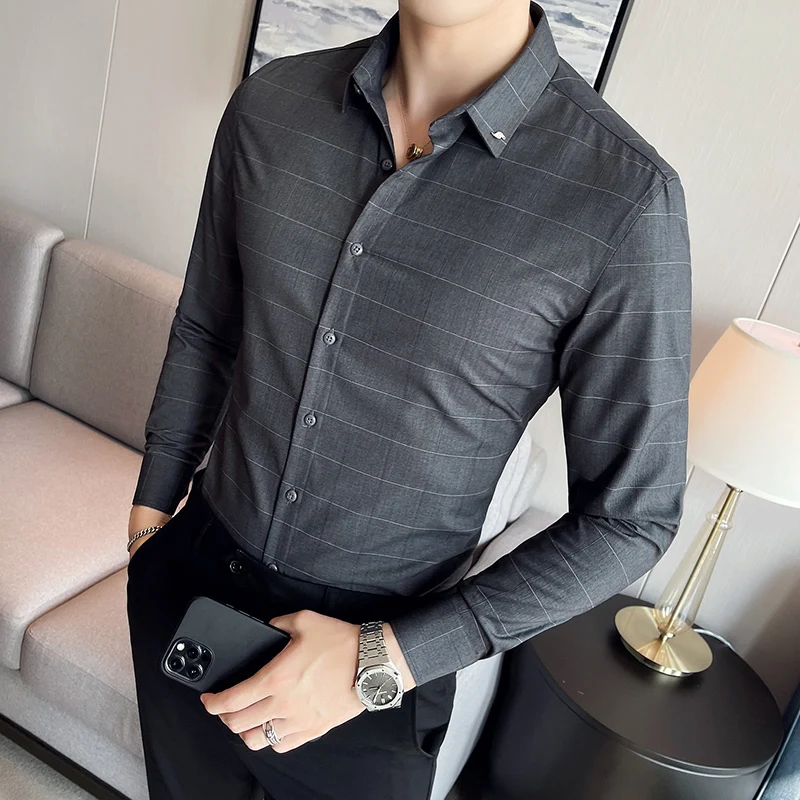 Brand Plaid Men's Long-sleeved Slim Fit Shirt 2021 Autumn Casual Handsome Cotton Men's White Shirt for Male Business Dress Tops