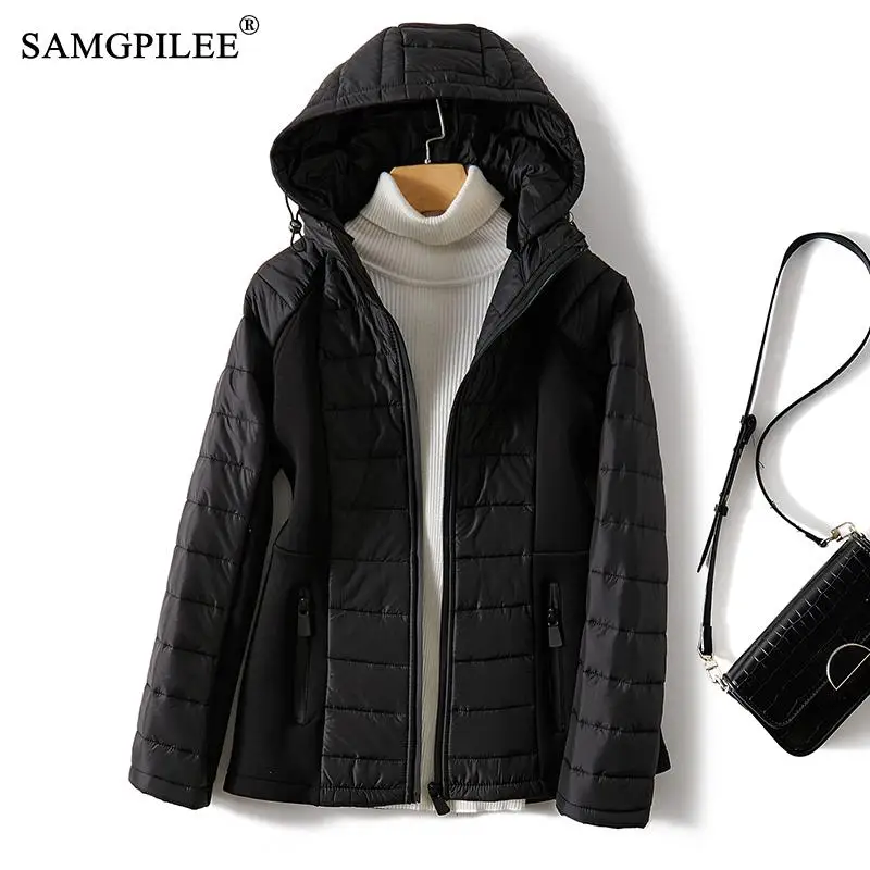 European Coats Woman Winter 2022 New Space Cotton Stitching Slim Stand Collar Full Sleeve Hooded Lightweight Padded Jackets 4XL