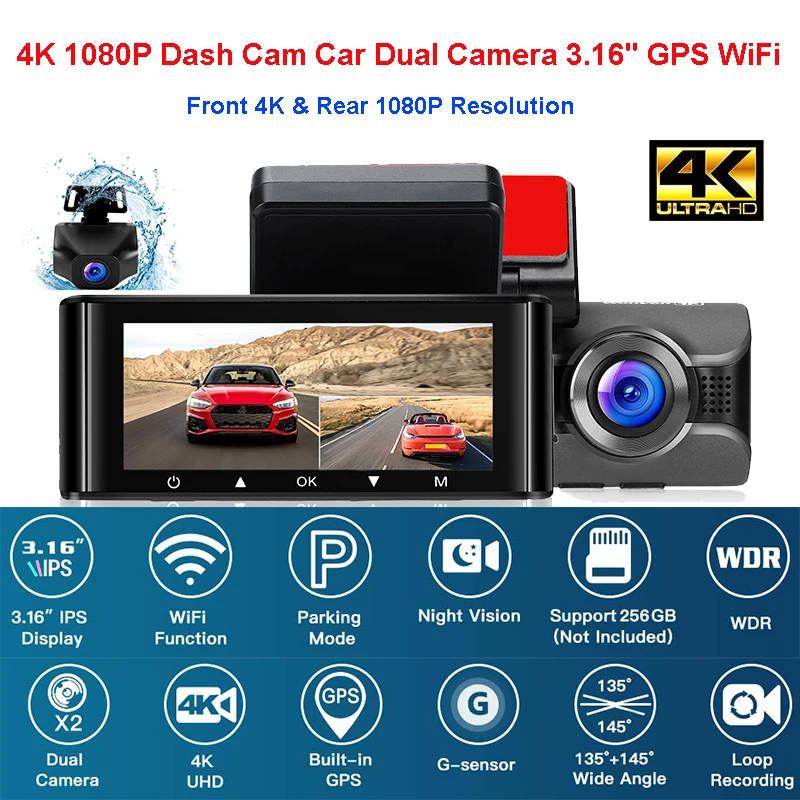 Купи Car DVR 4K Super HD WiFi Dash Cam 4K 1080P Dual Lens DVR GPS Waterproof 4K Dash Camera 24H Parking Monitor 3.16'' Video Recorder за 8,942 рублей в магазине AliExpress