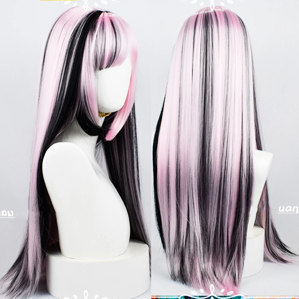 HOUYAN synthetic Long straight hair pink highlights black female wig cosplay Lolita wig Heat-resistant party wig